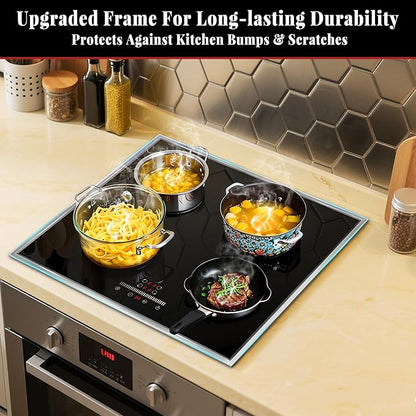 24 Inch Electric Cooktop 4 Burner Electric Stove, 24" Built-in Ceramic Stovetop with Slide Control, Timer, Child Lock, 9 Heating Level, 6000W, 220-240v, No Plug, Hard Wire