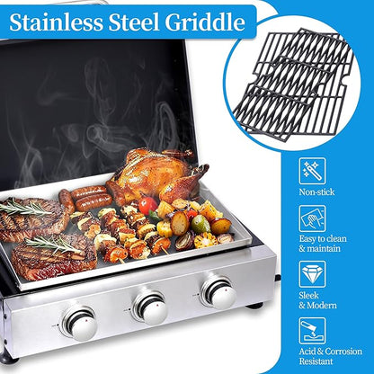 Portable Flat Top Griddle – Tabletop Teppanyaki Gas Grill, 3-Burner Gas Griddle 30,000 BTU, Stainless Steel Griddle Plate + Cast Iron Grates, Large Cooking Area for Camping, Tailgate, Backyard
