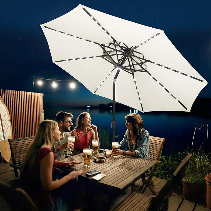 FLAME&SHADE Solar Patio Umbrella with Centre Light, 9FT 2 Tiers, Ivory | 40 LED Lights, UV Protection, Solar Outdoor Umbrella for Porch, Deck, Backyard, Garden, Provides Evening Lighting