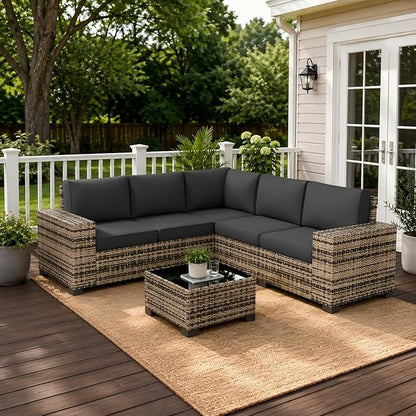 UDPATIO Patio Furniture Set, 8 Inch Armrest Outdoor Sectional Sofa with Wicker Coffee Table, 6 Piece Conversation for Garden, Backyard(Yellow/Grey)