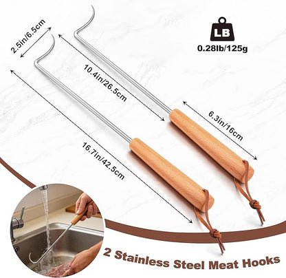 Stainless Steel Pigtail Food Flipper, HaSteeL 17Inch Meat Turner Hook for Right Handed, Grill Accessories Steak Flippers With Wooden Handle for Outdoors Griddle BBQ Grilling Kitchen Cooking, Large