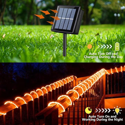 YEGUO Solar Halloween Lights Outdoor Waterproof, 66ft 200 LED Orange Solar Rope Lights, 8 Modes Fairy Lights in Clear Thin Tube
