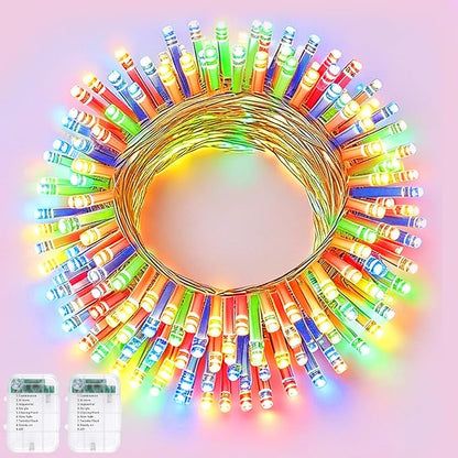 Pooqla 2 Pack String Lights Battery Operated, Total 33.3ft 100 LED Fairy Lights Indoor Outdoor Decorations, 8 Modes Colorful Battery Christmas Lights for Bedroom Classroom Porch Party Yard Decor