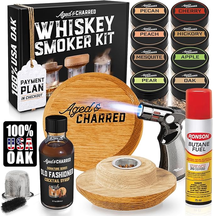 Whiskey Smoker Kit with Torch and Butane and Old Fashioned Syrup - 8 Flavors Wood Chips, 100% USA Oak, High-End Set - Old Fashioned Bourbon Cocktail Smoker Kit Gifts for Men Dad