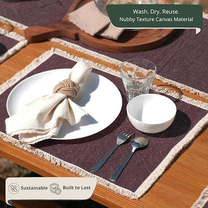 Hausattire Cotton Frayed Placemats Set of 6 Dining Table 14x14 Inch | Rustic Vintage Boho Washable Easter Placemat for Outdoor Parties BBQ's Spring, Holiday, Special Occasions, Nubby Cotton - Plum