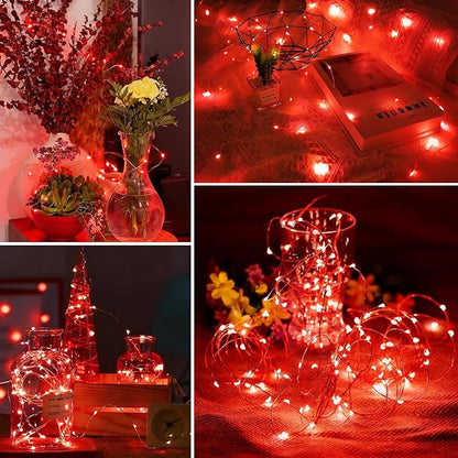 YEGUO 4 Pack Red Solar Fairy Lights, Each 33ft 100 LED Valentines Lights Outdoor Waterproof, 8 Modes Sliver Wire Solar Christmas String Lights