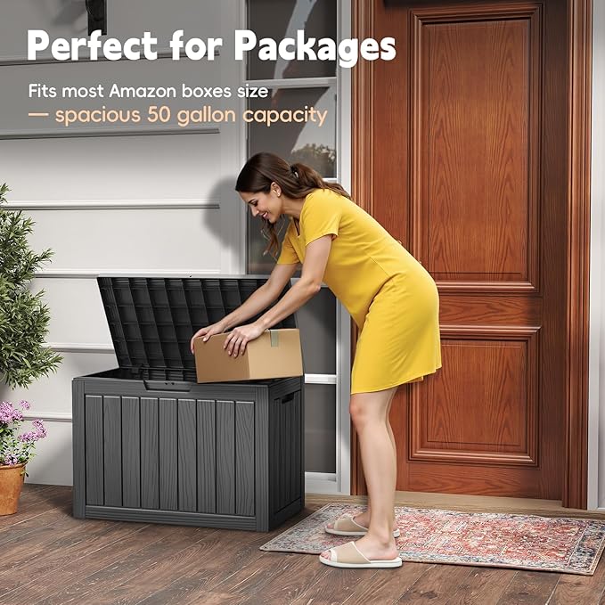 50 Gallon Outdoor Deck Box - Lockable Waterproof Storage Container, Resin Weatherproof Box for Patio Garden Furniture Pool Tools Cushions, Black
