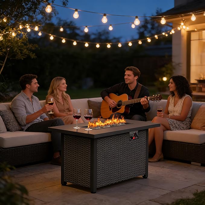 42 inch Propane Fire Pit Table, 50,000 BTU Outdoor Fire Pit Table with Steel Lid and High-Temp Lava Rocks, 2 in 1 Rectangle Gas Fire Pit Table for Garden/Patio Outside (42 inch, with Lava Rocks)