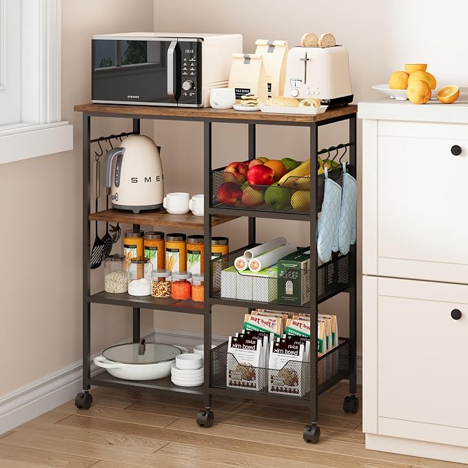 SWTYMIKI Microwave Cart with Storage - 28.35x14.57in Rolling Kitchen Table Cart with Storage Shelves, 6 Removable Hooks& Locking Casters, Coffee Bar Cabinet for Dining Room Pantry Office, Espresso