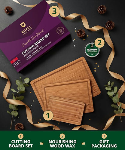 ROYAL CRAFT WOOD Wooden Cutting Boards for Kitchen Meal Prep & Serving - Bamboo Wood Serving Board Set with Deep Juice Groove Side Handles - Charcuterie & Chopping Butcher Block for Meat