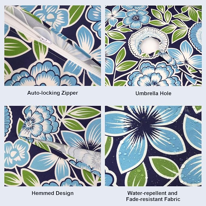 Outdoor/Indoor Round Tablecloth with Umbrella Hole Zipper, Decorative Circular Table Cover for Home Garden, 60 Inch, Azure Bloom