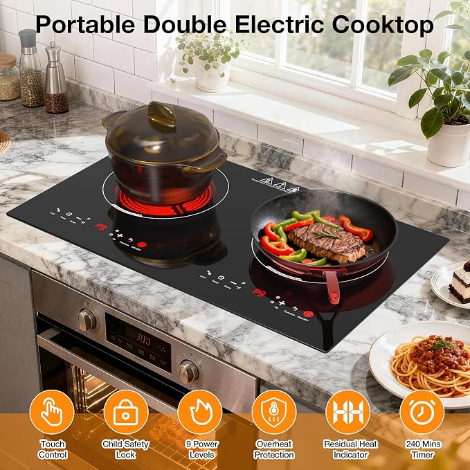 WABK 2 Burner Electric Cooktop 110V, 24 Inch Built-in & Countertop Ceramic Stove Top, 3000W Infrared Hot Plate for RV Apartment, Compatible with All Cookware, Child Lock & Timer