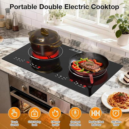 WABK 2 Burner Electric Cooktop 110V, 24 Inch Built-in & Countertop Ceramic Stove Top, 3000W Infrared Hot Plate for RV Apartment, Compatible with All Cookware, Child Lock & Timer