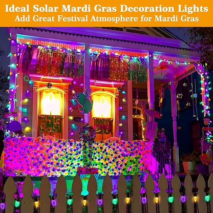 ReyeeInc Solar Mardi Gras Lights, Solar Powered Outdoor Waterproof String Lights with 39FT 100 Count C6 Strawberry Lights and 8 Modes for Outside Mardi Gras Tree Carnival Porch Fence Party Decors