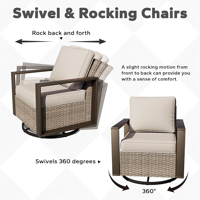 Joyside Outdoor Patio Chairs, 8 Pieces Wicker Rattan Furniture Set, 4 Patio Chairs, 1 Sofa, 2 Ottoman and 1 Table, Metal Wide Armrest, Thick Cushions and Deep Seating for Garden, Backyard, Porch