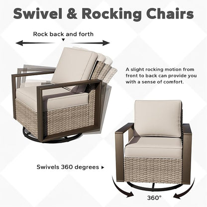 Joyside Outdoor Patio Chairs, 8 Pieces Wicker Rattan Furniture Set, 4 Patio Chairs, 1 Sofa, 2 Ottoman and 1 Table, Metal Wide Armrest, Thick Cushions and Deep Seating for Garden, Backyard, Porch