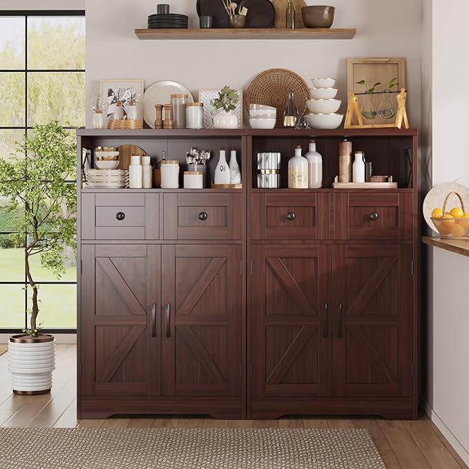 Befrases Dark Brown Storage Cabinet with Drawers and Shelves, Standing Kitchen Pantry Cabinet, Floor Storage Cabinet Hutch Cupboard, Coffee Bar Station for Dining Living Room Home Office