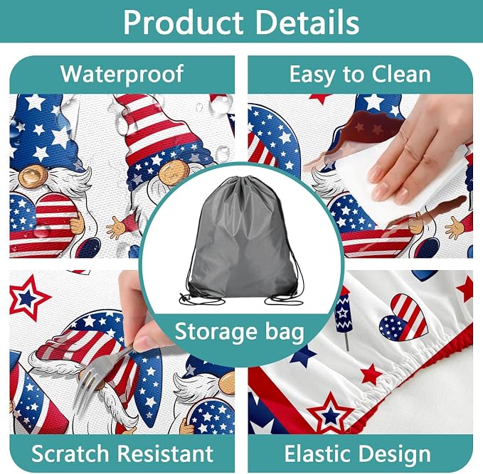 4th of July Picnic Table Cover with Bench Covers, Camping Essentials, Patriotic American Flag Gnomes Stars Table Cover Waterproof Fitted Tablecloth Cover with Elastic Edge for Outdoor 3 PCS 30x60 Inch