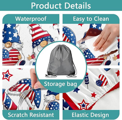 4th of July Picnic Table Cover with Bench Covers, Camping Essentials, Patriotic American Flag Gnomes Stars Table Cover Waterproof Fitted Tablecloth Cover with Elastic Edge for Outdoor 3 PCS 30x72 Inch