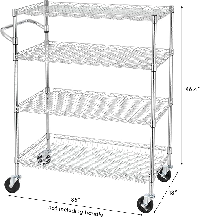 Finnhomy 4 Tier Heavy Duty Commercial Grade Rolling Cart with Handle Bar, Metal Wire Utility Cart with Wheels, Kitchen Service Trolley on Wheels, Shelf Size 18" D x 36" W, NSF, Chrome