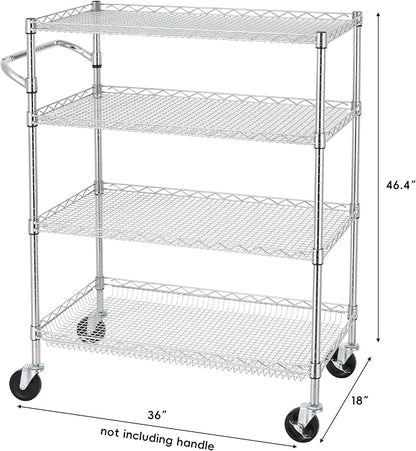 Finnhomy 4 Tier Heavy Duty Commercial Grade Rolling Cart with Handle Bar, Metal Wire Utility Cart with Wheels, Kitchen Service Trolley on Wheels, Shelf Size 18" D x 36" W, NSF, Chrome