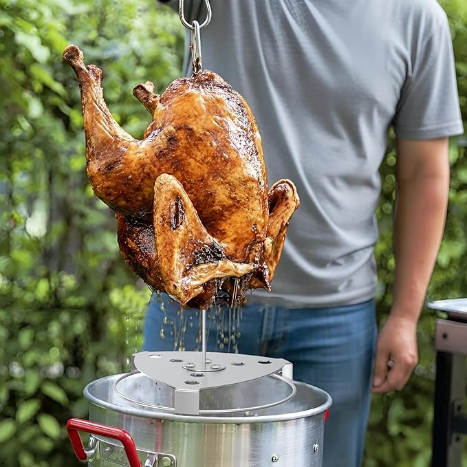 Fire Riot Deluxe Stainless Steel Turkey Fryer Accessories Kit – Turkey Deep Fryer Stand with Lifting Hook, Thermometer, Injector, & Heat-Resistant BBQ Gloves for Outdoor Cooking