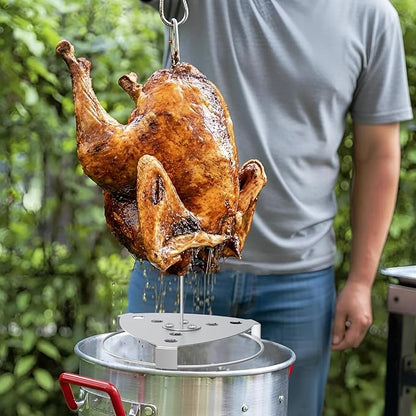 Fire Riot Deluxe Stainless Steel Turkey Fryer Accessories Kit – Turkey Deep Fryer Stand with Lifting Hook, Thermometer, Injector, & Heat-Resistant BBQ Gloves for Outdoor Cooking