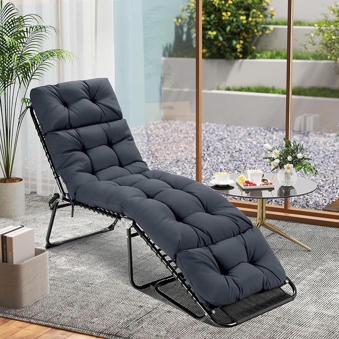Tangkula Chaise Lounge Cushions Outdoor, 73 x 22 Inch Patio High Back Recliner Cushion with 4 String Ties, 4” Thick Padded Lounge Chair Cushion Replacement for Outdoor Indoor Furniture (1, Gray)