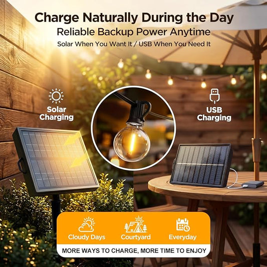 Nisocy 100FT Solar String Lights Outdoor, G40 Shatterproof Patio Lights with Upgraded Remote, Solar & USB Charging, Dusk to Dawn, Waterproof Hanging Bistro Lights for Backyard Garden RV Camping