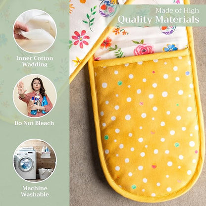 Maison d' Hermine Double Oven Mitts 100% Cotton 7"x35" Double Oven Mitt Heat Resistant BBQ Cooking Gloves with Loop Baking Grilling Kitchen Hotel Home Farmhouse Spring Summer (Happy Florals - Sweety)