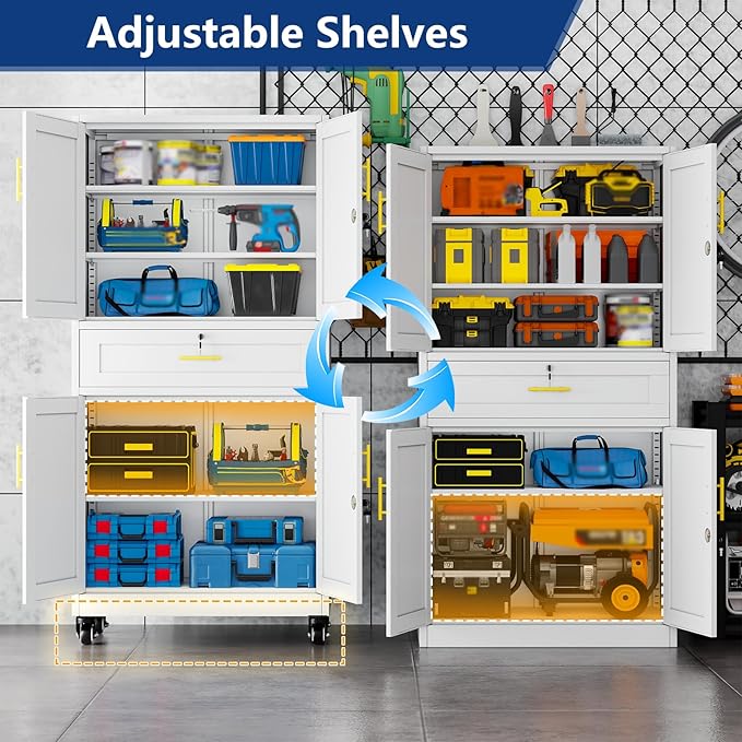 Ckzbx Metal Garage Storage Cabinet with Locking Drawers and Adjustable Shelves,71" H Steel File Cabinet with Wheels for Garage,Office (White)