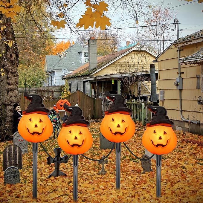 Halloween Hooded Pumpkin Pathway Lights Outdoor, 7Ft C7 Outdoor Halloween Decorations Pathway String Lights with 4 Jack O Lantern Pumpkin Stakes Lights for Garden Yard Walkway Lawn Party Driveway