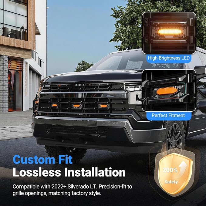 3Pcs LED Front Grille Lights Compatible with 2022-2026 Chevy Silverado 1500 LT Front Bumper Lamp Decorative Grille Lights with Fuse Wire Replacement for 2022-2026 Chevy Silverado Accessories