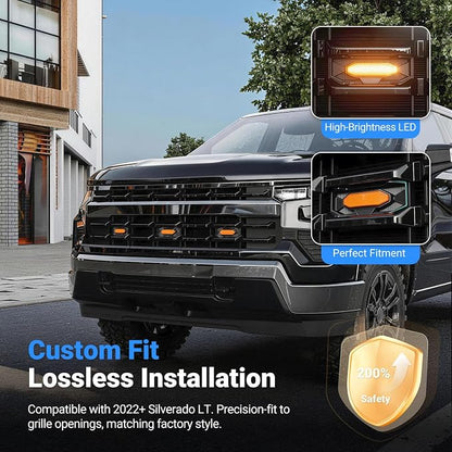 3Pcs LED Front Grille Lights Compatible with 2022-2026 Chevy Silverado 1500 LT Front Bumper Lamp Decorative Grille Lights with Fuse Wire Replacement for 2022-2026 Chevy Silverado Accessories