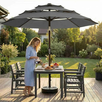 10ft 3-Tier Patio Umbrella with 32 Solar Powered LED Lights, Windproof Outdoor Market Umbrella for Deck, Poolside & Garden, Sturdy Push-Button Tilt Table Umbrella, Gray