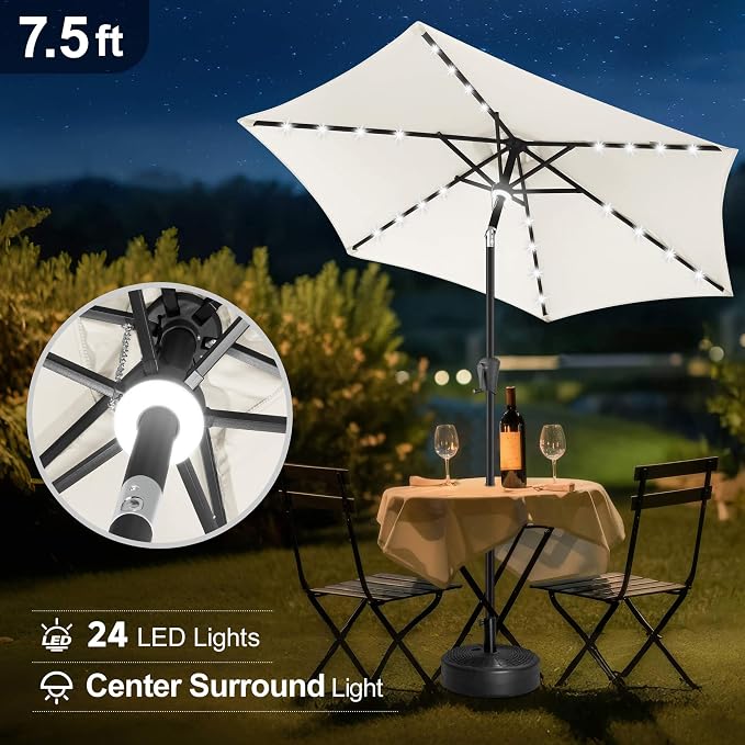 FLAME&SHADE Solar Patio Umbrella with Centre Light, 7.5 FT Ivory | UV Protection, Small Solar Outdoor Umbrella for Porch, Deck, Backyard, Garden, Provides Evening Lighting, 24 LED Lights