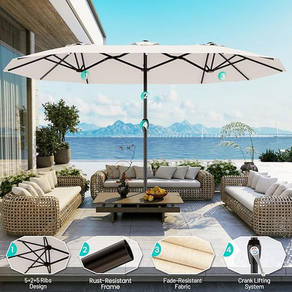 AreShark 15FT Outdoor Patio Umbrella with Crank, Large Rectangular Market Umbrella, Double-Sided Outdoor Umbrellas with Cross Base & Sandbag for Porch, Lawn, Pool, Backyard, Cream-White