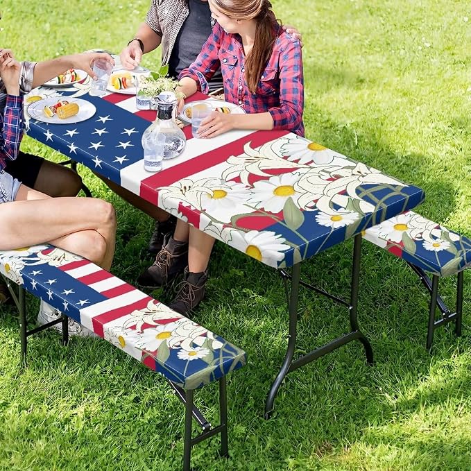 3 PCS Fitted Picnic Table Cover with Bench Cover Fitted Rectangle Tables and Seats Memorial Day Flag Outdoor Picnic Table Cover for Camping