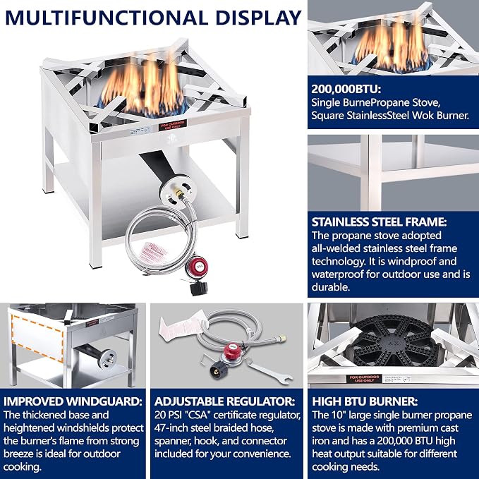 ARC Propane Burner 200K BTU High-Pressure Single Burner Propane Stove,16.5"Wx16.5"H Stainless Steel 400lbs Heavy-Duty Gas Burner Cooker, Burners for Outdoor Cooking For Turkey Fry, Seafood Boil