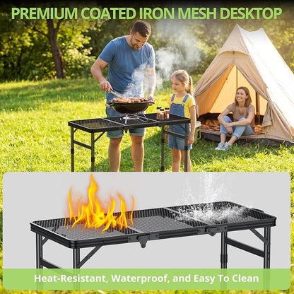 3ft Folding Grill Table, Heat-Resistant Tabletop 3 Heights 27.5" | Aluminum Camping Table, Waterproof & Easy to Clean, Lightweight, Portable Handle for Cooking BBQ Patio, 35" x 16", Black