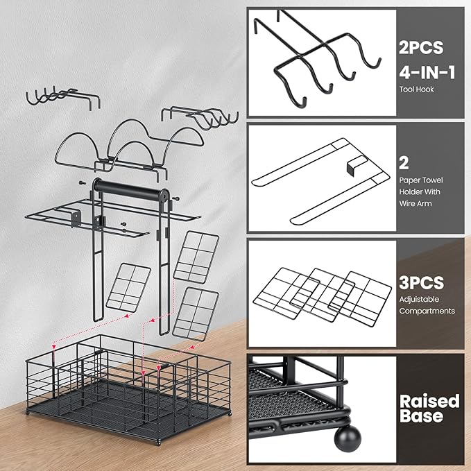Grill Caddy for Outdoor Grill with 2 Paper Towel Holders,Barbecue Tool Sets Storage Organizer,BBQ Caddy for Outdoor Grill with 9 Compartments & 8 Hooks,Picnic Caddy Grilling Gifts for Men