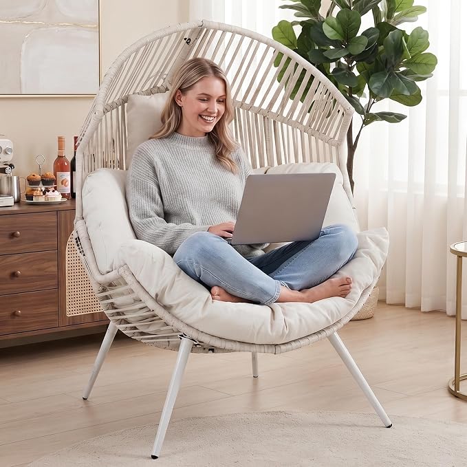 Shintenchi Wicker Egg Chair Outdoor Rattan Patio Chair with Cushion, Oversized Patio Lounge Chairs Egg Basket Chair, Egg Seat for Indoor Living Room Bedroom Outside Patio Backyard Balcony, White
