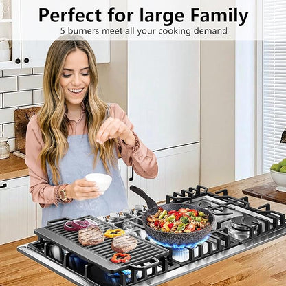36 inch Gas Cooktop with Grill/Griddle, Gas Stove Top with 5 Italy Sabaf Sealed Burners, Max 48,300 BTU Built-in Propane Stove, 304 Stainless Steel Propane Cooktop, NG/LPG Convertible, CSA Certified