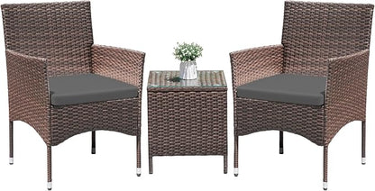 Greesum 3 Pieces Patio Dining PE Rattan Wicker Chair Furniture Set with Cushion and Glass Coffee Table for Outdoor Garden Backyard Poolside, Brown and Grey
