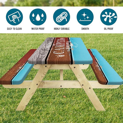 Picnic Table Cover with Bench Covers Elastic Edges, Vintage Wood Grain Camper Table Cover, Waterproof Windproof Fitted, for Outdoor Camping Patio Garden RV Trips, Drawstring Bag, 96 Inch 3PCS