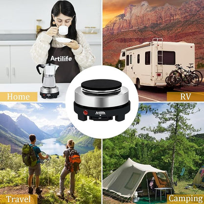 Artilife 500W Mini Electric Hot Plate - Moka Pot Special, 110V Compact RV Camping Stove, 4" Cast Iron Burner for Coffee, Low Wattage Portable (Silver)