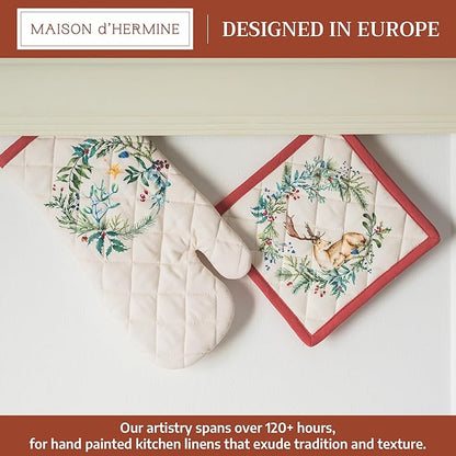 Maison d' Hermine 100% Cotton Oven Mitt & Pot Holder Set (7.5"x13" & 8"x8") Heat Resistant BBQ Cooking Gloves with Loop for Thanksgiving Christmas Decorations Handling Hot Pans (Holly Time)