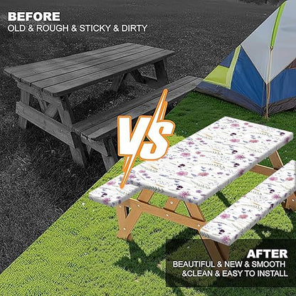 Floral Picnic Table Cover with Bench Covers and Bag, Rustic Wildflower Waterproof Windproof Washable Camping Table Camping Essentials Cover with Elastic Edges, 3 Pcs Set 30x60 Inch