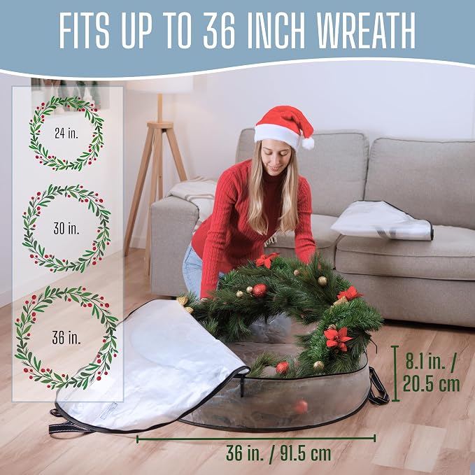 VENO 4 Pack Summer Wreath Storage Container, 36 Inch Clear Wreath Bag, Spring, Christmas Garland Decoration Organizers with Zipper and Durable Handles (Clear, 36"-4 Pack)