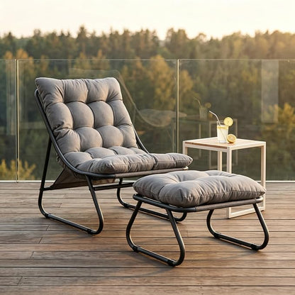 Rocking Chair with Ottoman, Modern Metal Frame Outdoor Rocker, Comfy Patio Lounge Chair with Footrest, Reading Glider Chairs for Living Room, Bedroom, Balcony, Garden, Relax, Grey
